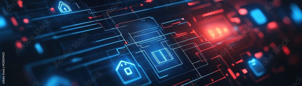 Poster futuristic smart home interface with connected devices on a digital network. technology and iot conc