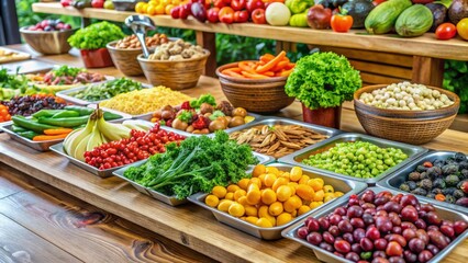 Obraz premium Fresh vegetables, fruits, and nuts are artfully arranged on a wooden table at a modern salad bar, inviting customers to create their perfect healthy meal.