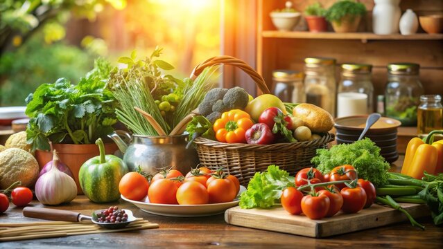 Fresh vegetables and fruits on a table surrounded by utensils and cookbooks, with a warm light shining, evoking a sense of nourishment and support.