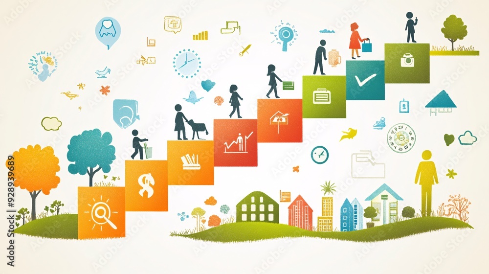 Poster an illustration showing the different stages of life and the financial planning needs for each stage