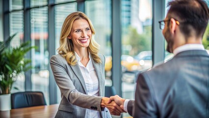 Friendly businesswoman confidently extends hand for a professional handshake, exchanging warm smiles with her colleague or client in a modern office setting.