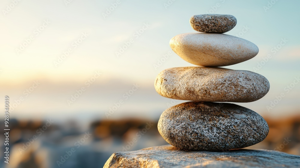 Poster balanced stones create serene and calming atmosphere, symbolizing tranquility and harmony. soft colo
