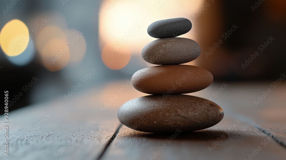 Poster a serene stack of smooth stones on wooden surface, symbolizing balance and tranquility. soft bokeh i