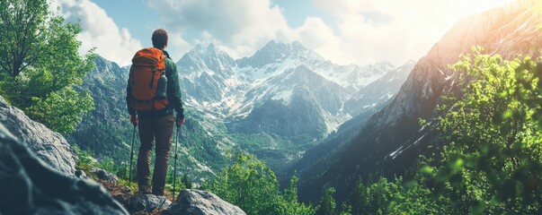 Hiker with backpack enjoying a scenic mountain view at sunrise, surrounded by lush green valleys and snowy peaks, for outdoor adventure inspiration.
