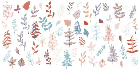 vector contour branch and leaves for harvest festival poster. Elegant silhouette and outline element in trendy pastel colors. hand drawn botanical illustration for wedding design, cards, logo, tattoo.