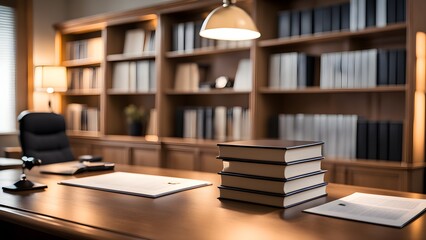 A desk with a stack of books on top of it