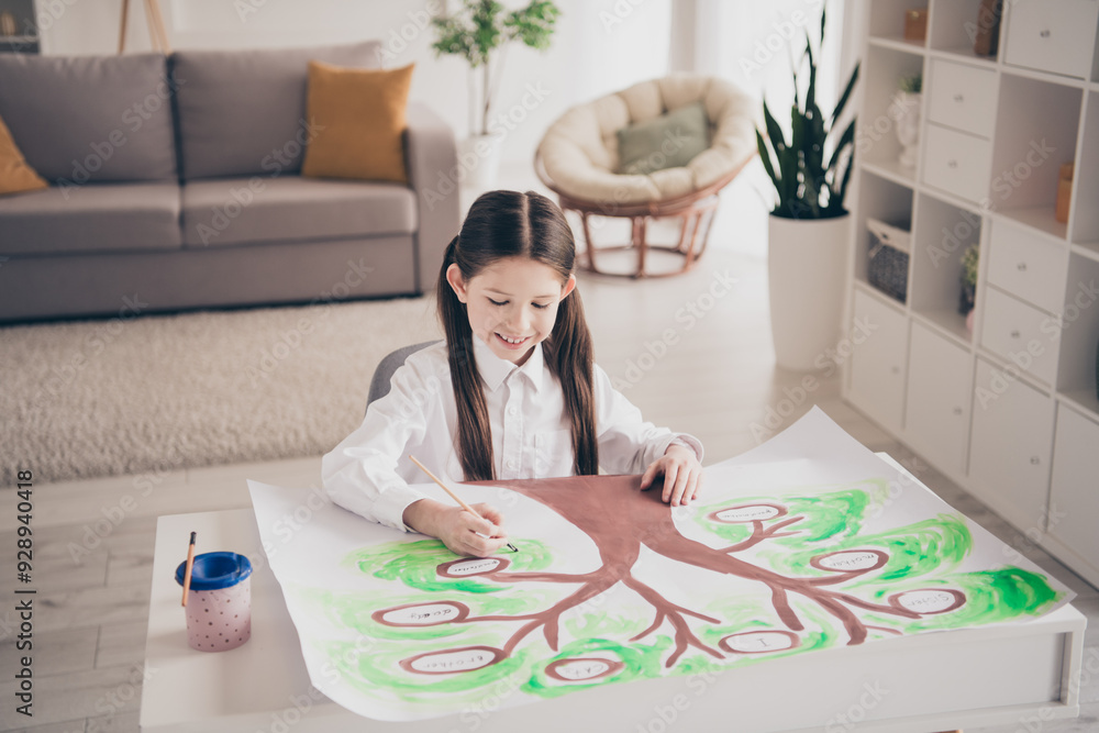 Poster photo portrait of small cute daughter drawing family tree painting remote education home schooling i