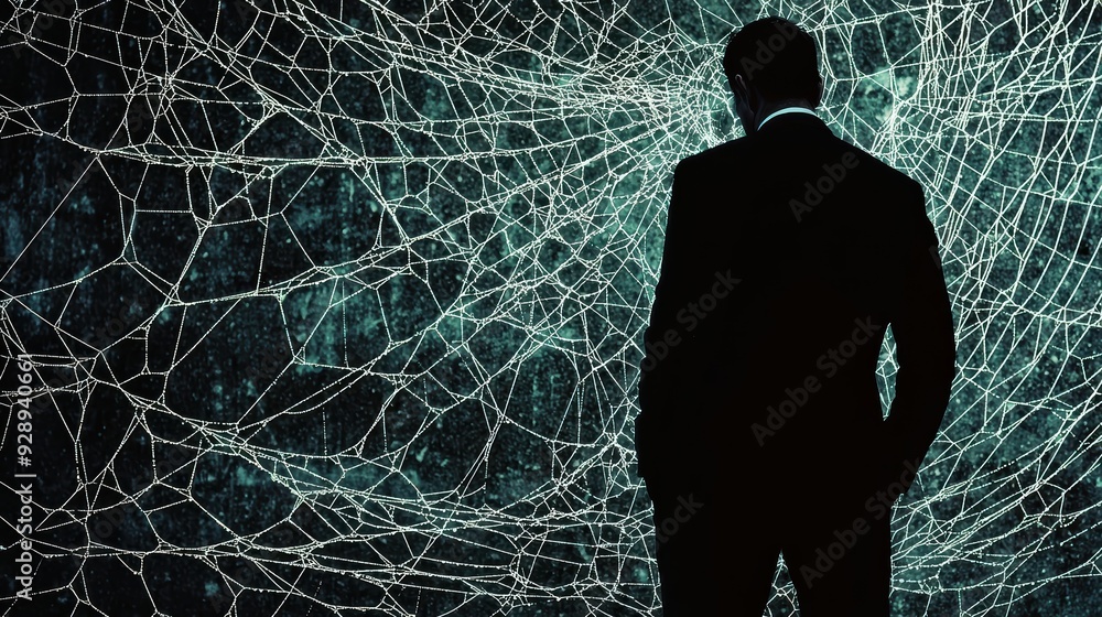 Poster a man in suit stands in front of web like structure, conveying sense of intrigue and mystery. backgr