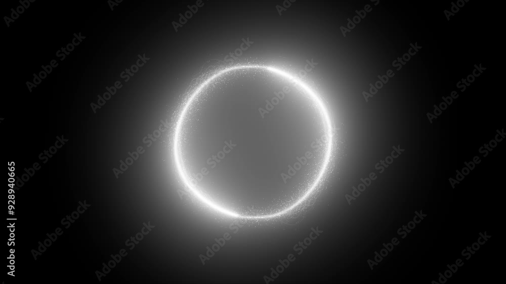 Poster white and black glowing particles element rotating in circular motion on black background, element f