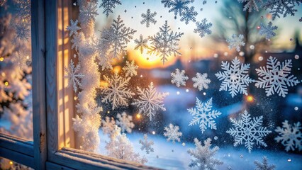 Frosted windowpane with delicate snowflakes gently adhering to the glass, blurring the winter wonderland scene outside into a serene, peaceful abstraction.