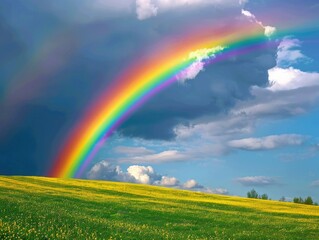 Naklejka premium Rainbow over green field