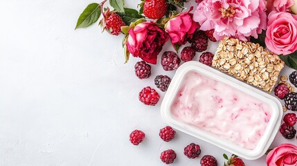 A white plate holds a bowl brimming with raspberry-filled yogurt and an array of vibrant blossoms
