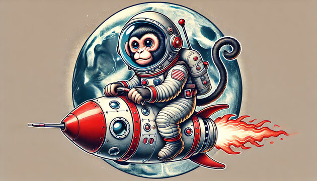 An image of a monkey dressed as an astronaut riding a small rocket