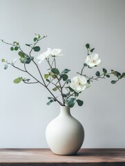 White flowers with green leaves in a minimalist vase © Oksana