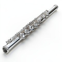 Fototapeta premium A silver flute, musical instrument, hyper-detailed rendering, polished with finger holes, isolated on white background