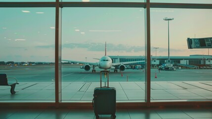 Suitcase, travel bag in airport. Airplane outside window. Travel background illustration generated by ai