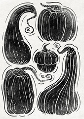 Autumn folk poster of pumpkins, trendy seasonal illustrations, Halloween,  Fall, black and white