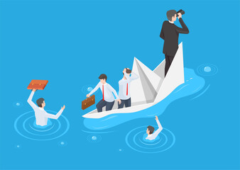 Business team with leader sinking in paper boat. Corporate crisis, bankruptcy and bad management isometric vector illustration