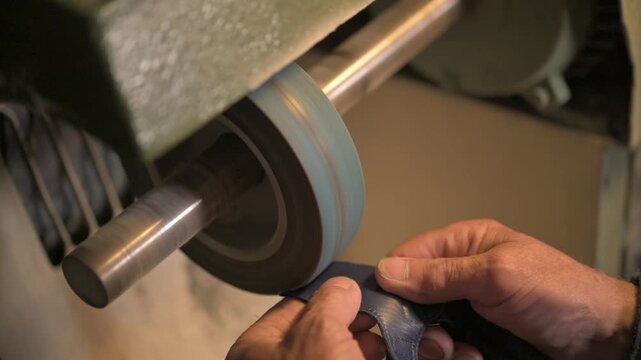 bootmaker is sewing fabrics for shoes in shoe workshop. Shoe making process