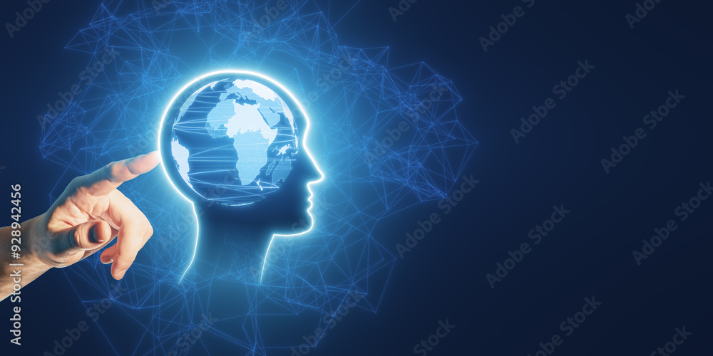 Poster close up of man hand pointing at glowing blue world map inside polygonal head outline hologram on da