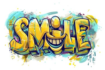 A graffiti style text featuring "SMILE" handwritten, with each letter in yellow color. Isolated on a white background with color splashes, animated illustrations, colorful animations,generative ai