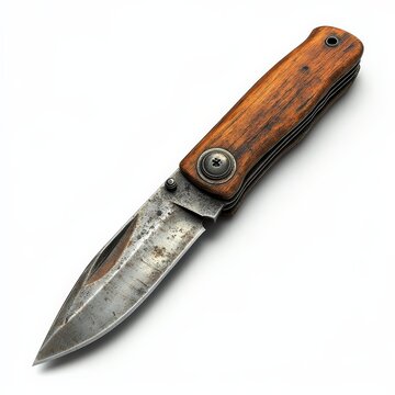 recommend clip art: A vintage pocketknife, utility tool, hyper-detailed rendering, wooden handle with metallic blade, isolated on white background