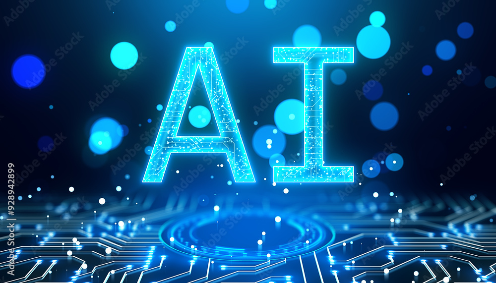 Aufkleber Creative glowing blue ai hologram on blurry bokeh circles background. Artificial intelligence and digital learning concept. 3D Rendering.