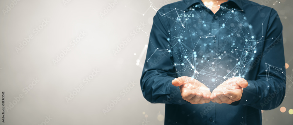 Poster close up of male hands holding creative digital sphere on concrete wide wall background with mock up