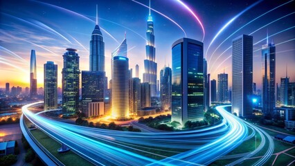 Fototapeta premium Futuristic illustration of a cityscape with sleek skyscrapers, speedy robots, and swirling digital lines, representing the convergence of 5G and 6G networks.