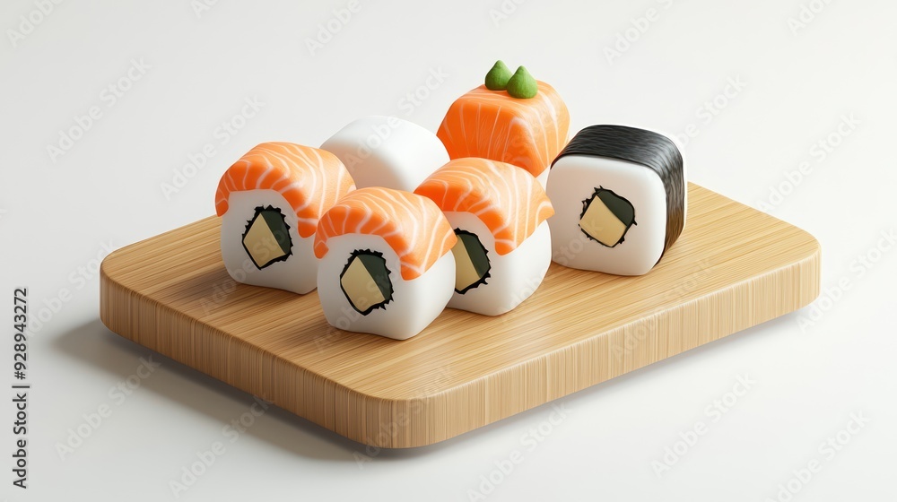 Poster Sushi Rolls on Wooden Plate