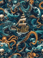 Obraz premium Octopus near ship in ocean