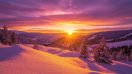 A breathtaking winter landscape at sunset with snow-covered hills and trees.
