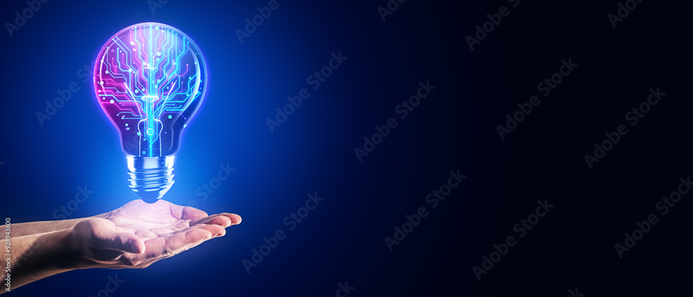 Poster close up of businessman hands using creative glowing blue circuit light bulb on wide dark blue backg