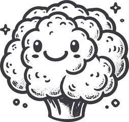 Grunge-Style Cauliflower Smiling Vegetable Character with Texture, Rough Hand-Drawn with Grainy Print Effect.