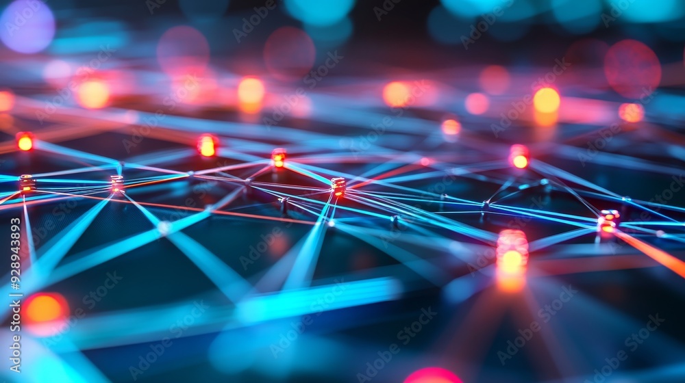 Poster high-tech data network with interconnected nodes and vivid color contrasts