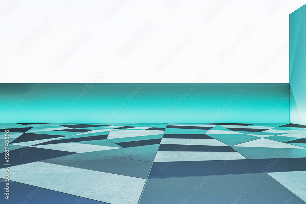 Poster modern white and blue geometric gallery interior with mock up place on wall. exhibition and art conc