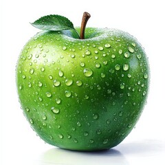 A green apple, fresh fruit element, realistic digital painting, vibrant green with a stem, isolated on white background