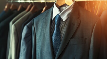 A well tailored suit hanging in closet, exuding elegance and sophistication. suits fabric and color suggest formal occasion. 