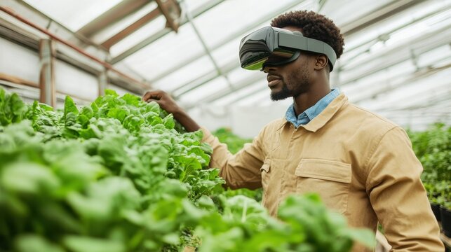 A person in a greenhouse examines leafy plants while wearing virtual reality goggles - Powered by Adobe