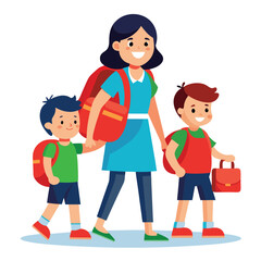 Back To School Mom And Kids Red Backpack