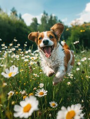 Dog running through flower field