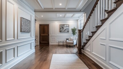 Obraz premium A spacious and elegant entryway featuring stylish staircase, warm wooden flooring, and tasteful decor. atmosphere is inviting and sophisticated. 