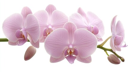 Obraz premium Elegant pink orchid blossoms showcasing purple veins in full bloom against a soft white backdrop