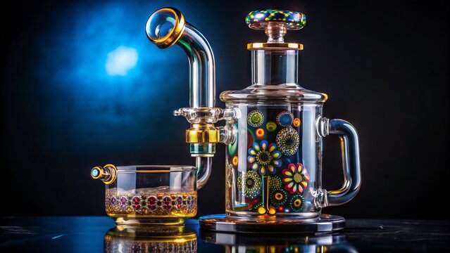Glass dab rig with intricate percolator design and colorful accents, sitting on a dark background, ready for a hit of concentrated cannabis vapor.