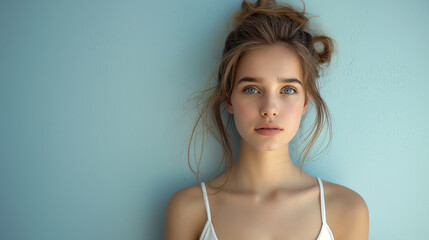 Beautiful female model ,Beautiful young woman 
 white skin wearing a white tank top on a light blue  background.