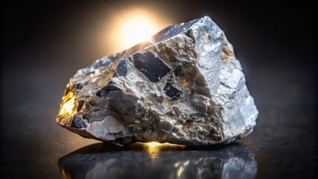 Glistening tungsten mineral ore with a greyish-white metallic luster, embedded in a dark granite matrix, illuminated against a neutral background.
