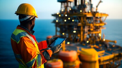 Close-up of an oil rig worker in safety gear, checking systems on a tablet, with the towering rig and vast ocean stretching out behind