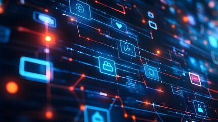 Obraz premium Abstract Digital Network with Blue and Red Glowing Icons