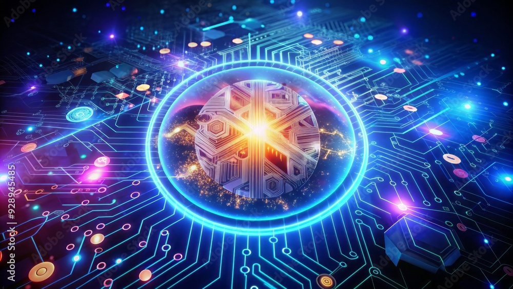 Poster glowing ai symbol surrounded by vibrant, futuristic graphics on a dark background, representing inno