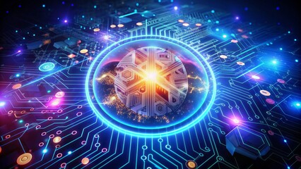 Obraz premium Glowing AI symbol surrounded by vibrant, futuristic graphics on a dark background, representing innovation, robotics, and the fusion of human and machine intelligence.